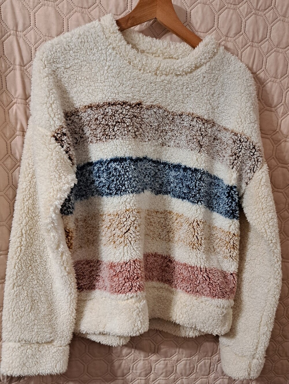 Harper Heritage  Cream Sherpa Pullover with Blue, Brown and Pink Stripes Sz M